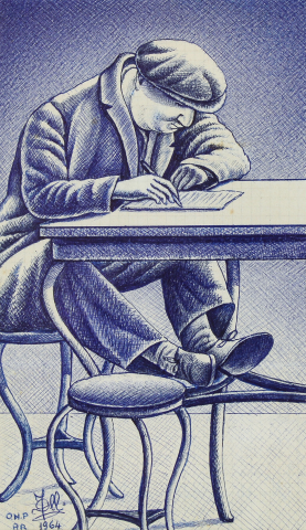 Ritratto di uomo che scrive al tavolo, con i piedi sullo sgabello